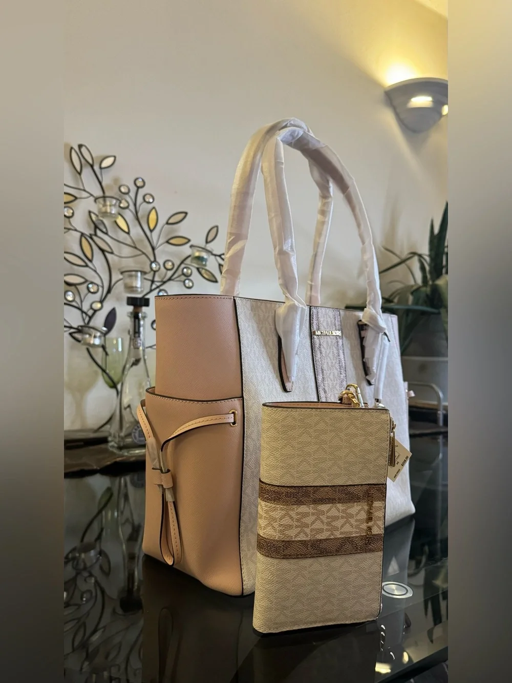 Michael Kors Cream and Brown Logo Wristlet and Clutch Set